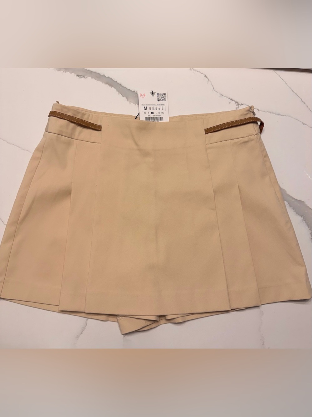 Zara Beige Mini Skort with Brown Waist Trim